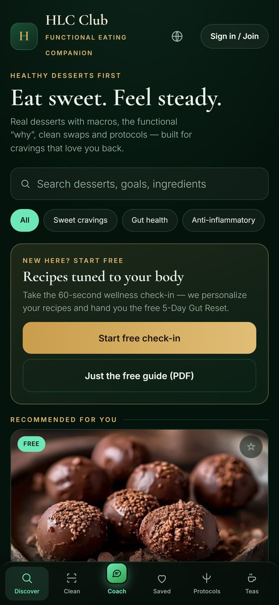Tela Discover do HLC Club: receitas funcionais recomendadas
