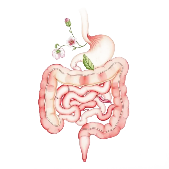 Ilustração em aquarela do sistema digestivo, com flores
